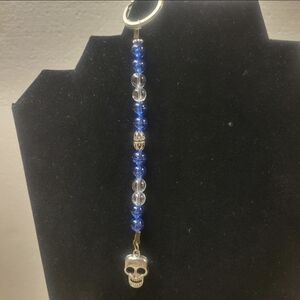 Silver, Blue, and White Beaded KeyChain with Silver Skeleton